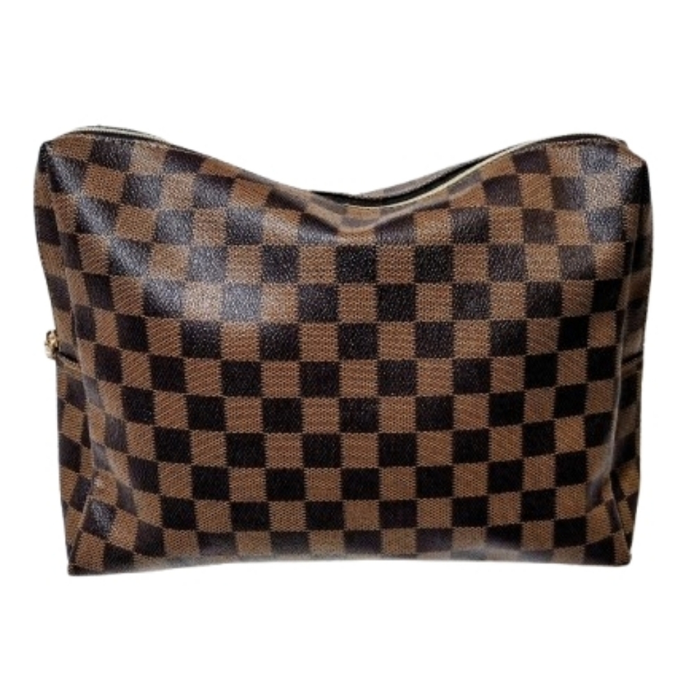 Unbranded Brown Checkered Toiletry / Cosmetic Bag with Red Interior